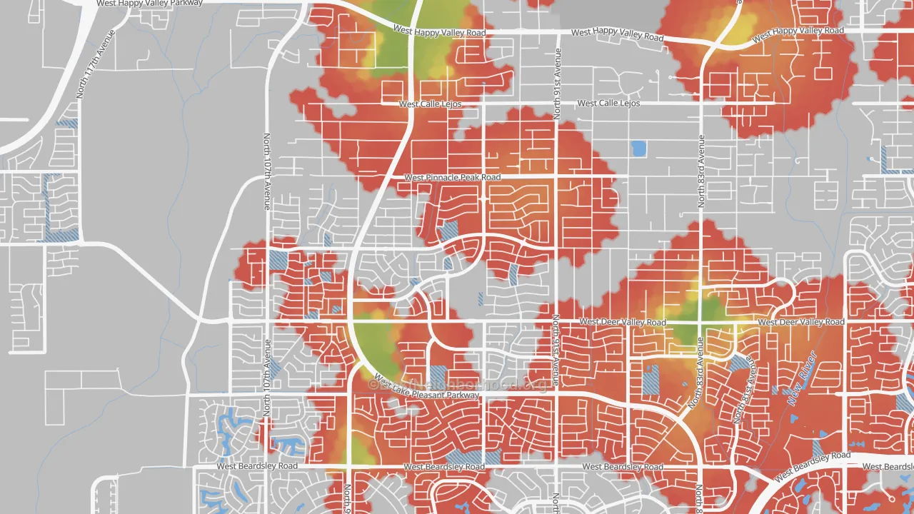 Walk Grade map of Camino Lago, Phoenix, AZ, walkable areas in green and car-dependent areas in red