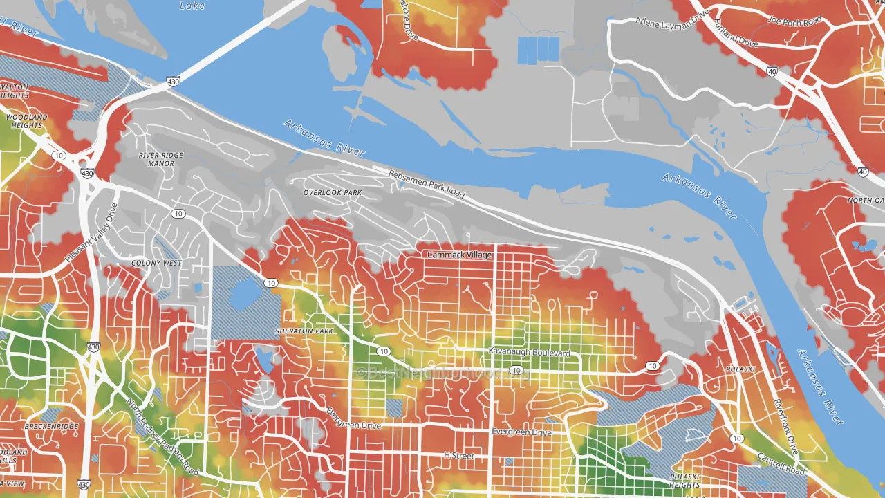 Walk Grade map of Cammack Village, AR, walkable areas in green and car-dependent areas in red