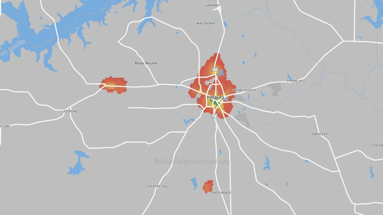Walk Grade map of Camp County, TX, walkable areas in green and car-dependent areas in red