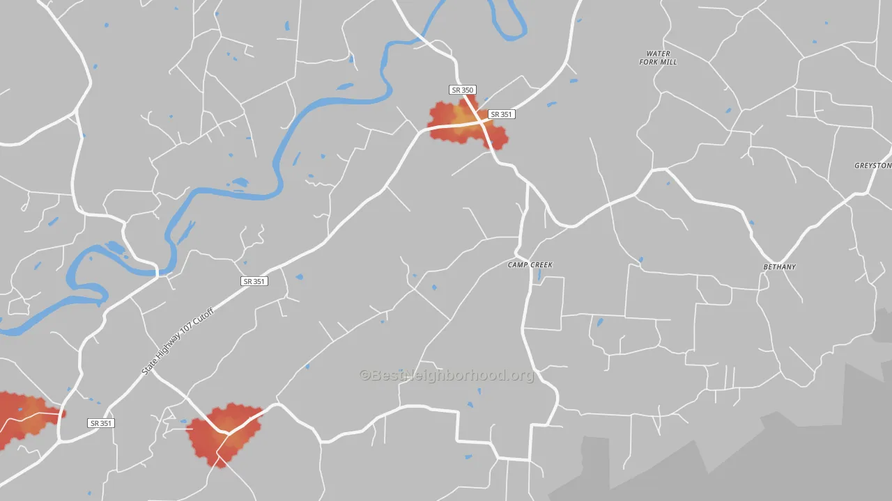 Walk Grade map of Camp Creek, TN, walkable areas in green and car-dependent areas in red