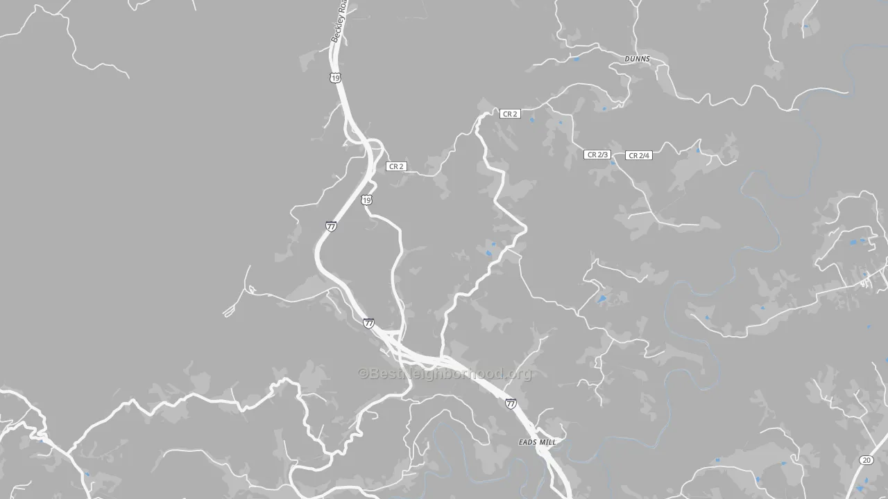 Walk Grade map of Camp Creek, WV, walkable areas in green and car-dependent areas in red