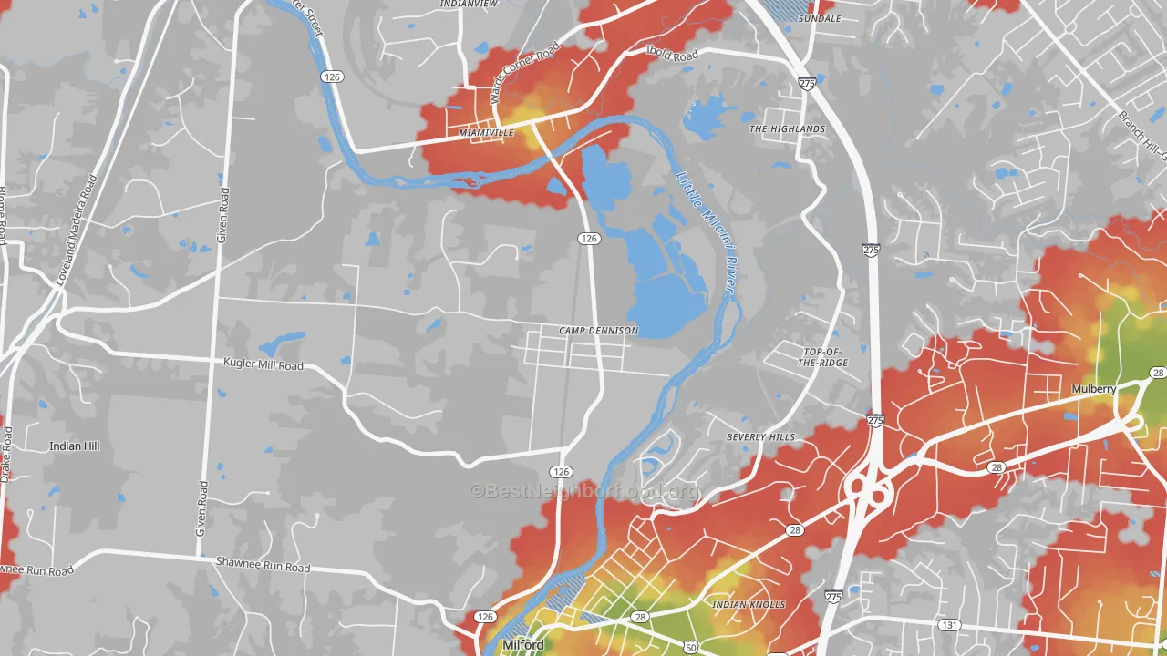 Walk Grade map of Camp Dennison, OH, walkable areas in green and car-dependent areas in red