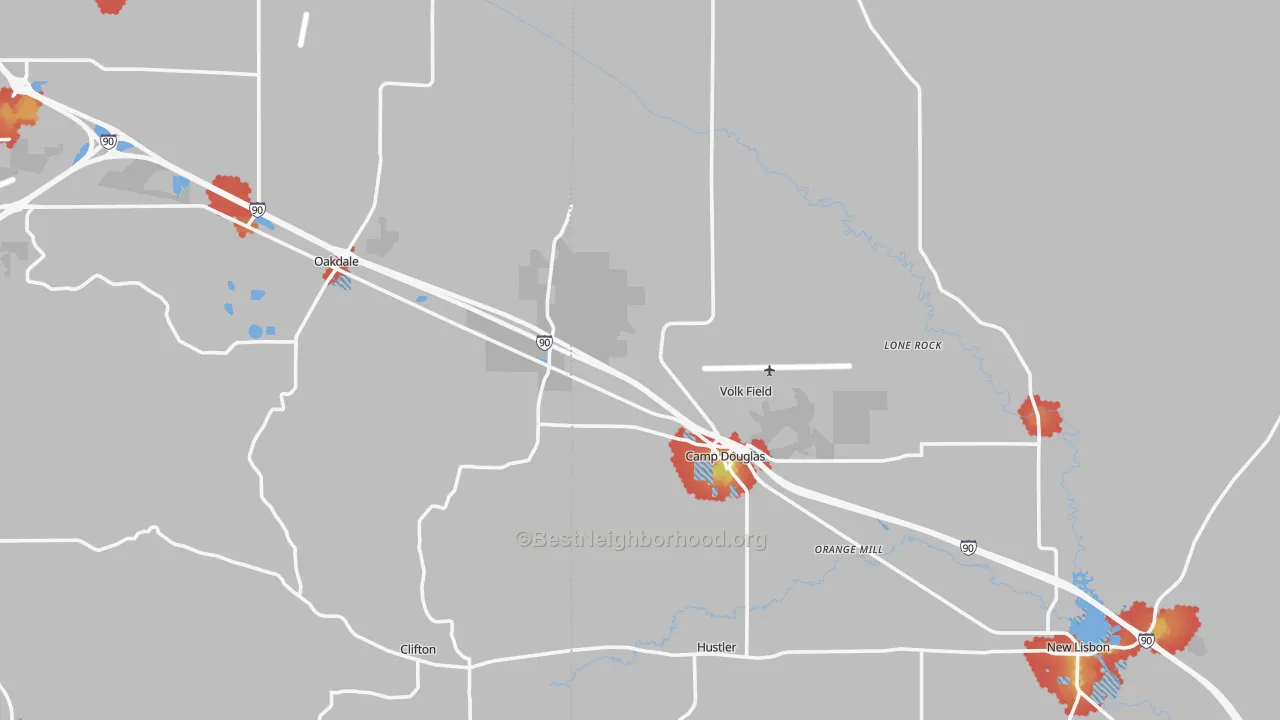 Walk Grade map of Camp Douglas, WI, walkable areas in green and car-dependent areas in red