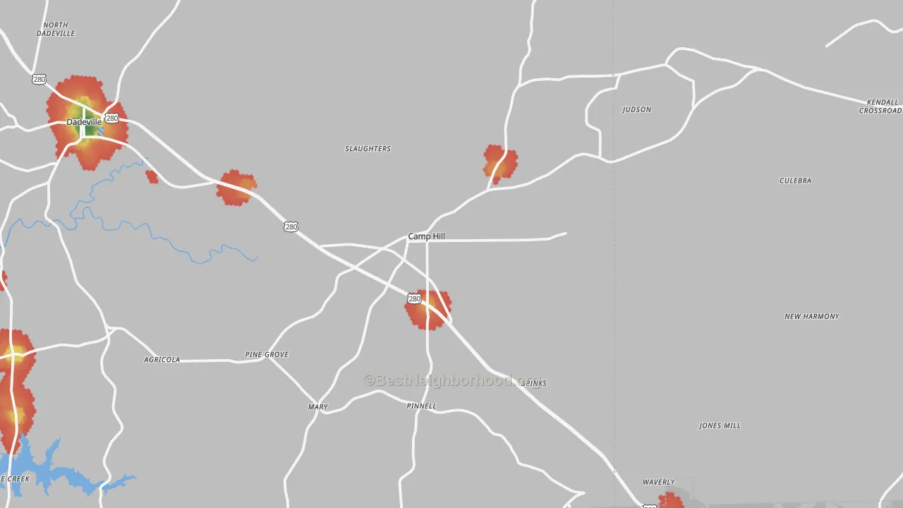 Walk Grade map of Camp Hill, AL, walkable areas in green and car-dependent areas in red