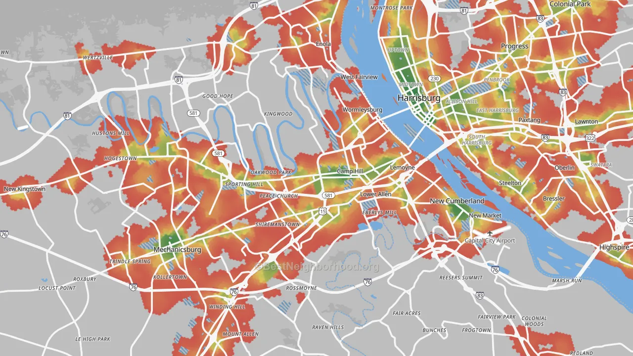 Walk Grade map of Camp Hill, PA, walkable areas in green and car-dependent areas in red