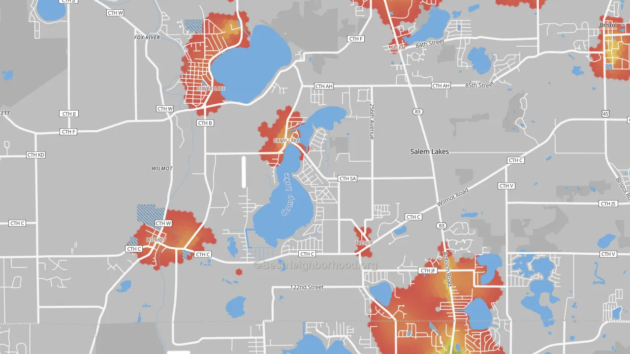Walk Grade map of Camp Lake, Trevor, WI, walkable areas in green and car-dependent areas in red