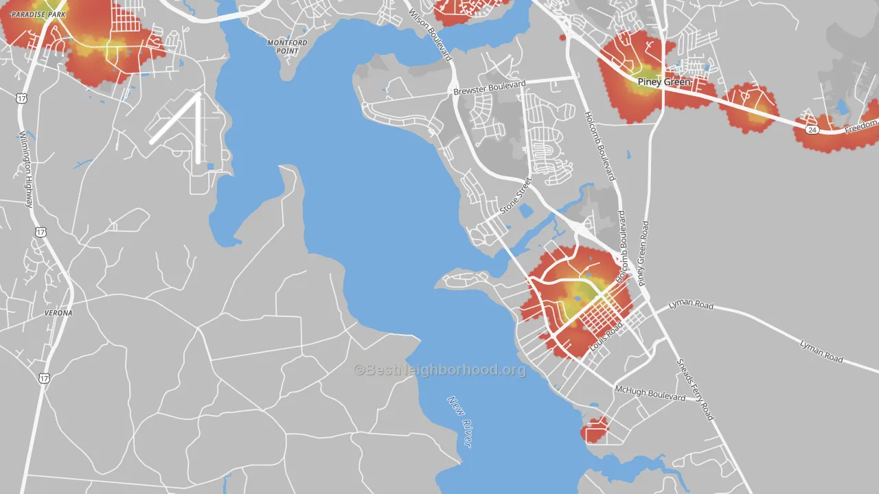 Walk Grade map of Camp Lejeune, NC, walkable areas in green and car-dependent areas in red