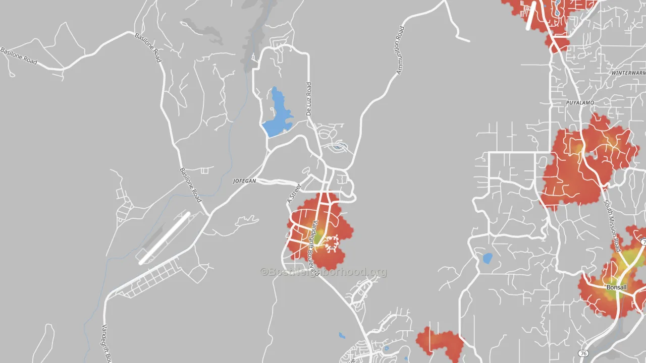 Walk Grade map of Camp Pendleton North, CA, walkable areas in green and car-dependent areas in red