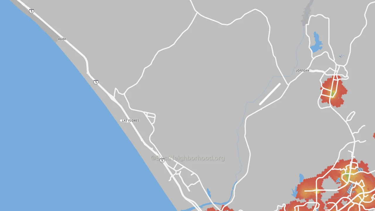 Walk Grade map of Camp Pendleton South, Oceanside, CA, walkable areas in green and car-dependent areas in red