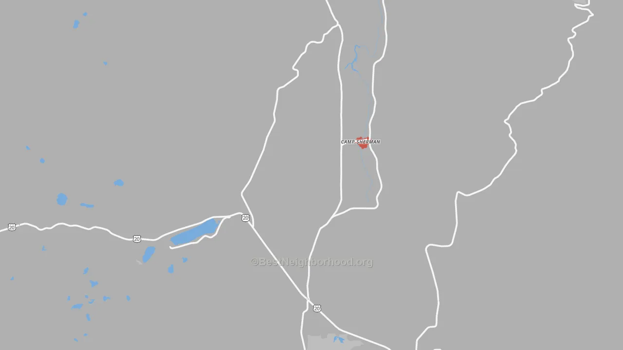 Walk Grade map of Camp Sherman, OR, walkable areas in green and car-dependent areas in red