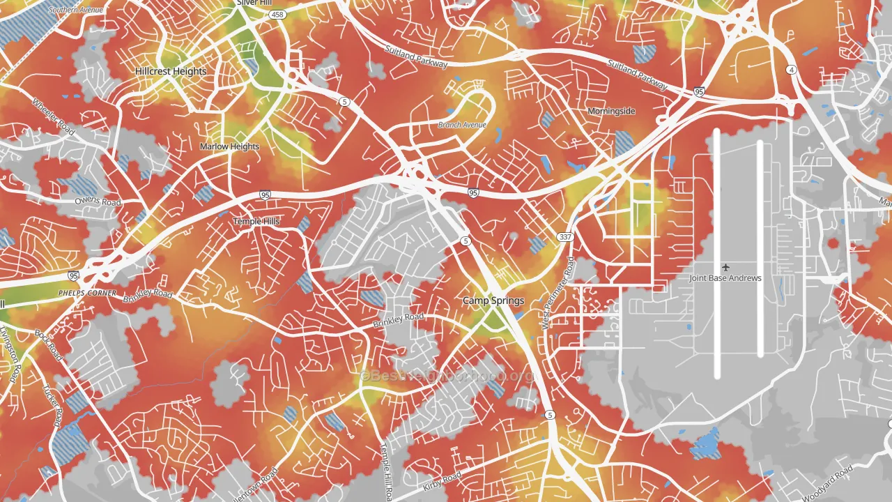 Walk Grade map of Camp Springs, MD, walkable areas in green and car-dependent areas in red