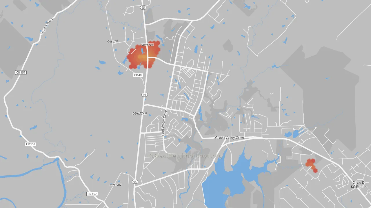 Walk Grade map of Camp Swift, TX, walkable areas in green and car-dependent areas in red