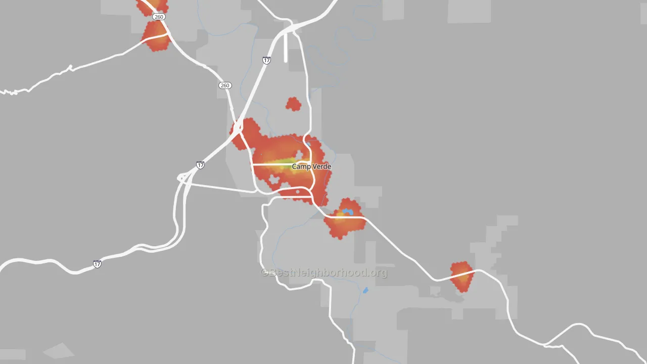 Walk Grade map of Camp Verde, AZ, walkable areas in green and car-dependent areas in red
