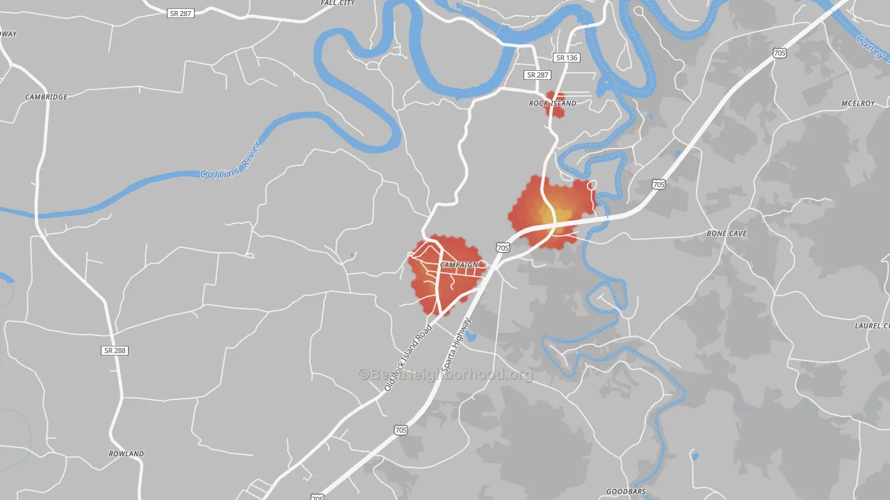 Walk Grade map of Campaign, TN, walkable areas in green and car-dependent areas in red