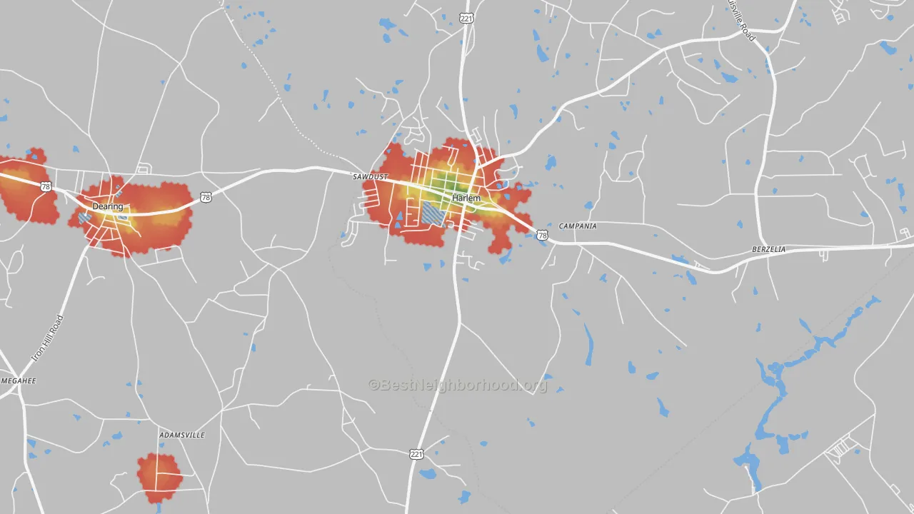 Walk Grade map of Campania, GA, walkable areas in green and car-dependent areas in red