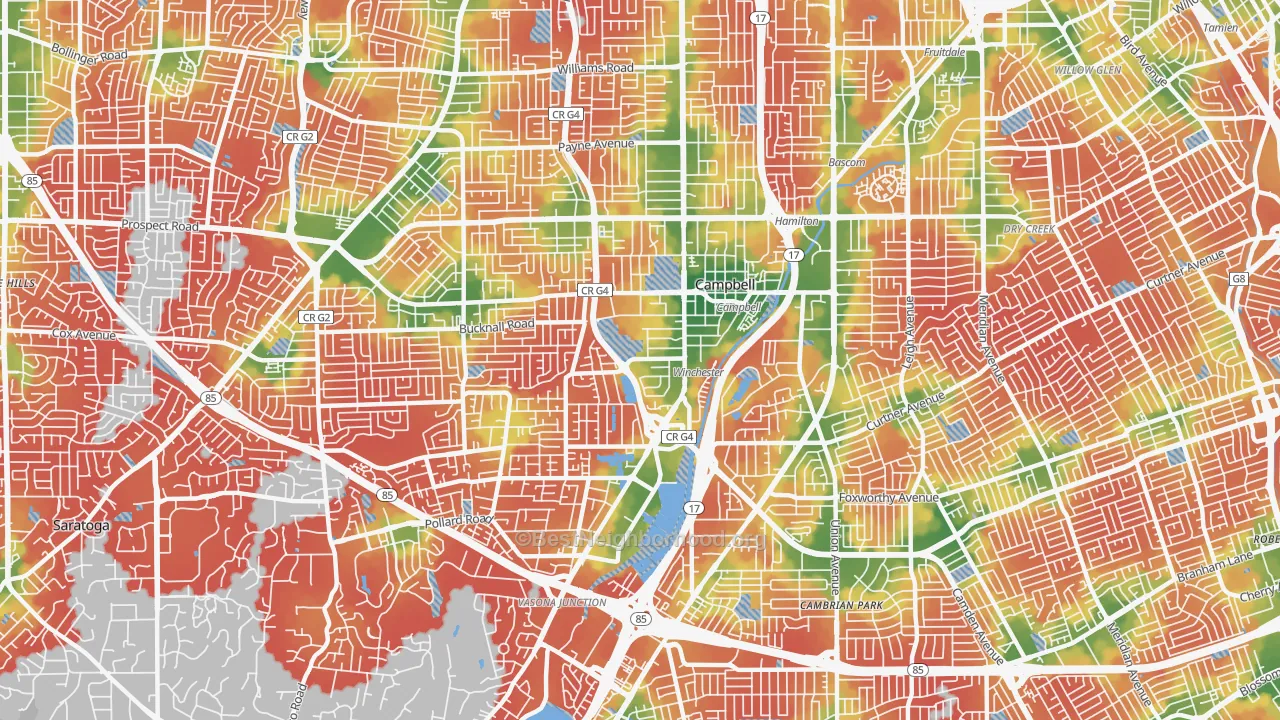 Walk Grade map of Campbell, CA, walkable areas in green and car-dependent areas in red