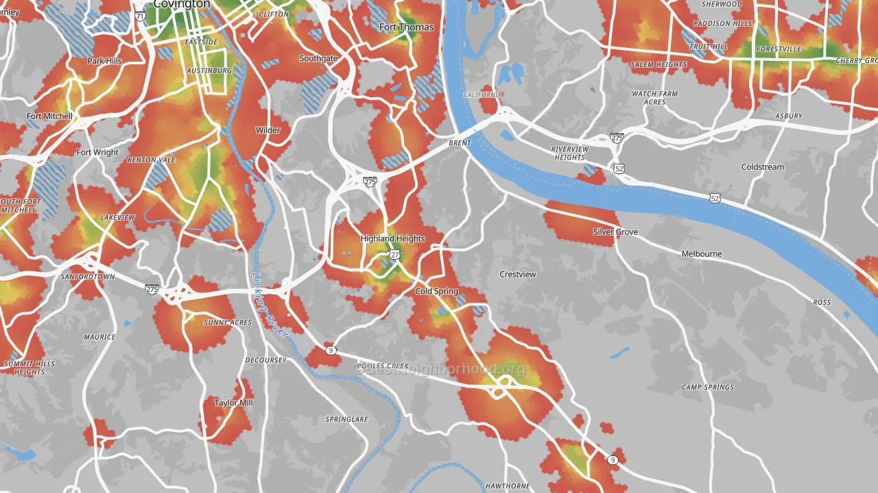 Walk Grade map of Campbell County, KY, walkable areas in green and car-dependent areas in red