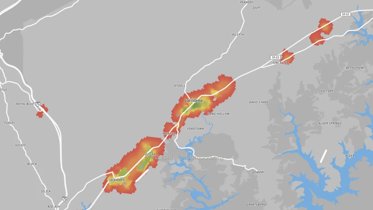 Walk Grade map of Campbell County, TN, walkable areas in green and car-dependent areas in red