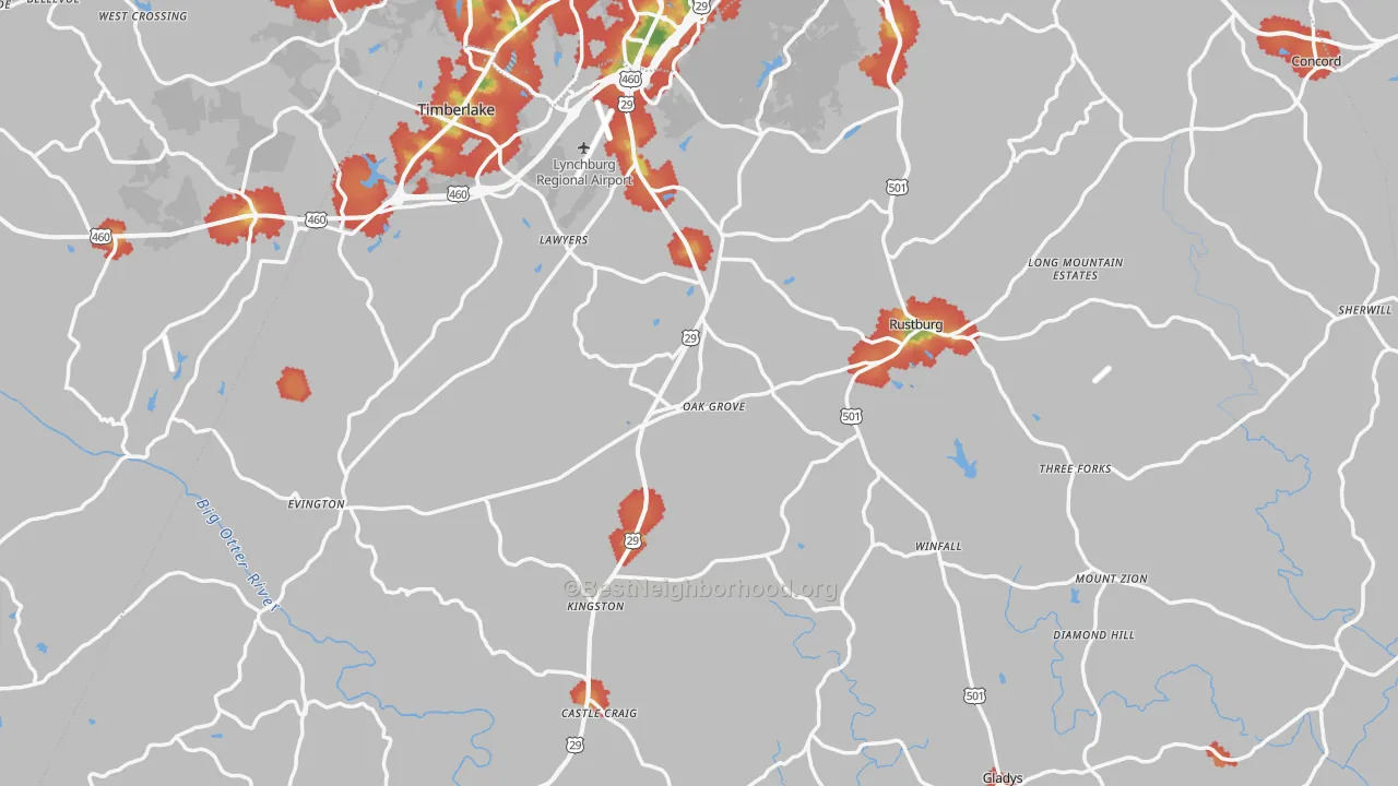 Walk Grade map of Campbell County, VA, walkable areas in green and car-dependent areas in red