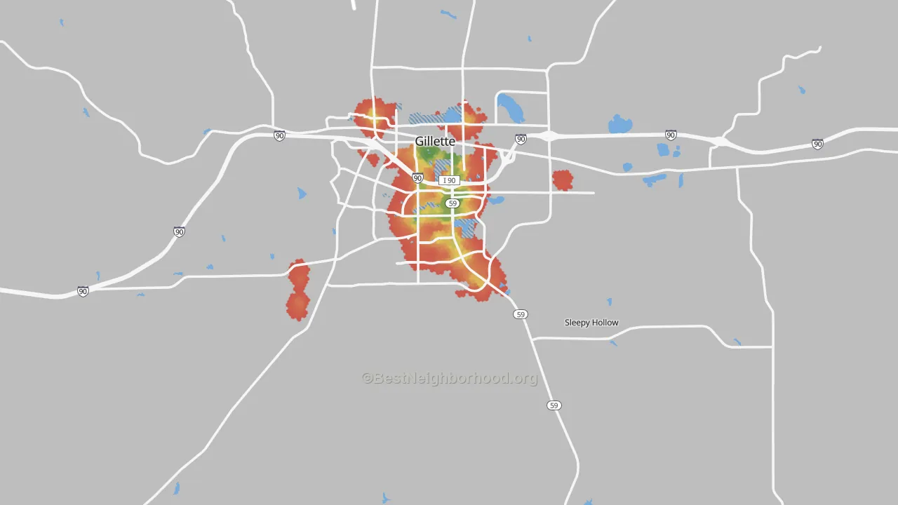 Walk Grade map of Campbell County, WY, walkable areas in green and car-dependent areas in red