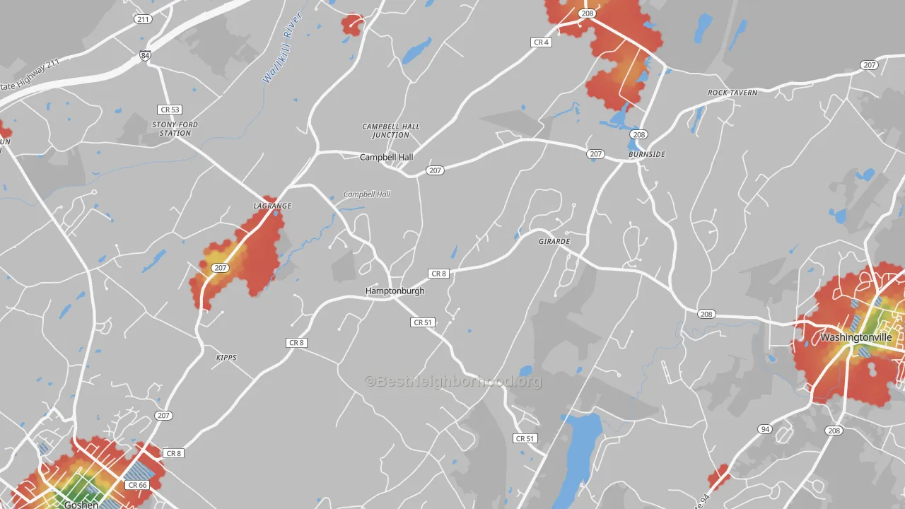 Walk Grade map of Campbell Hall, NY, walkable areas in green and car-dependent areas in red