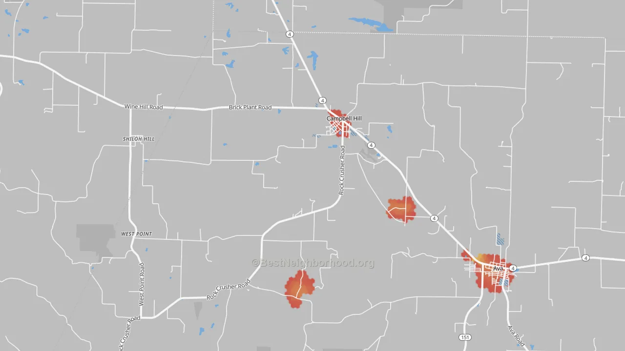Walk Grade map of Campbell Hill, IL, walkable areas in green and car-dependent areas in red