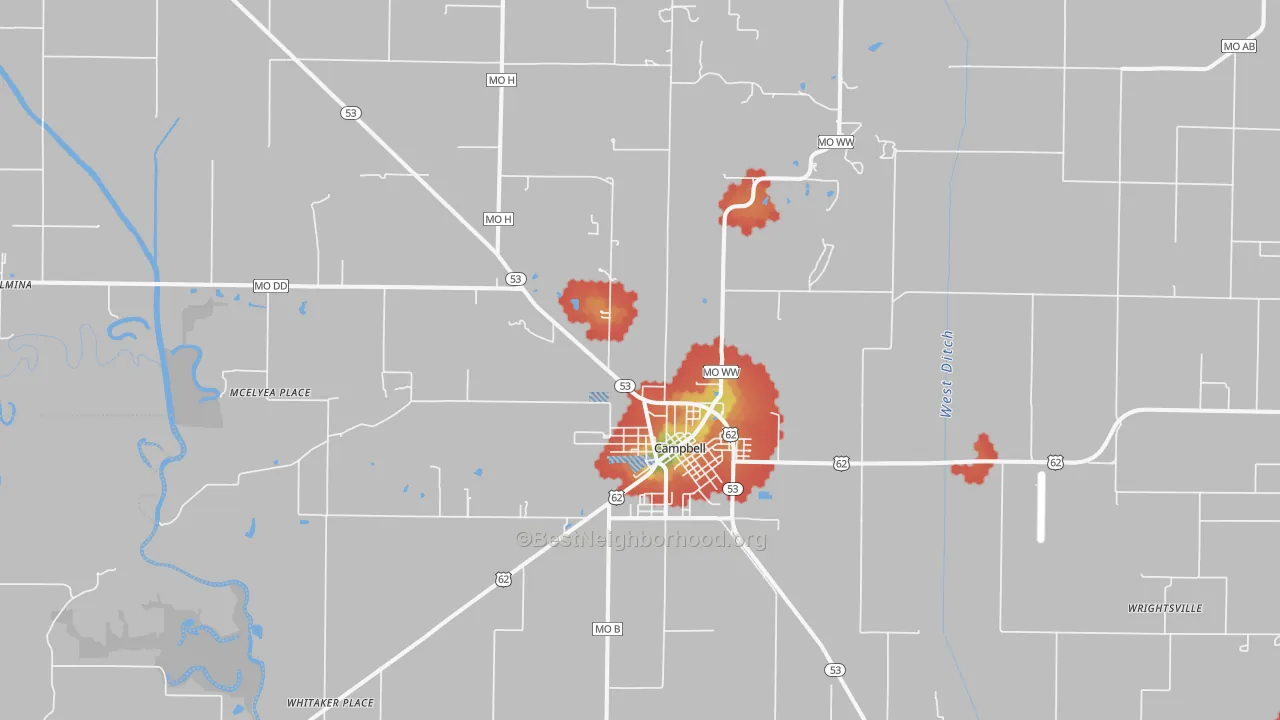 Walk Grade map of Campbell, MO, walkable areas in green and car-dependent areas in red