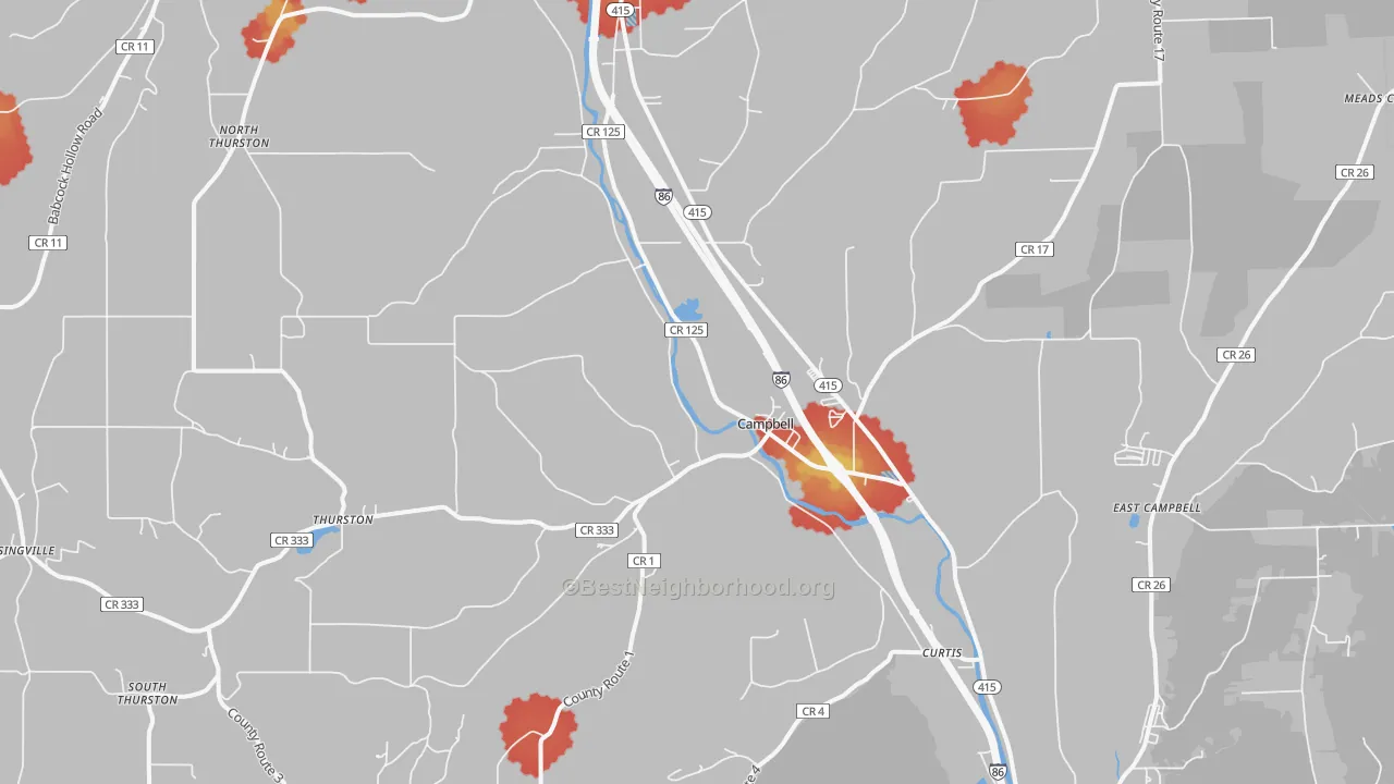 Walk Grade map of Campbell, NY, walkable areas in green and car-dependent areas in red