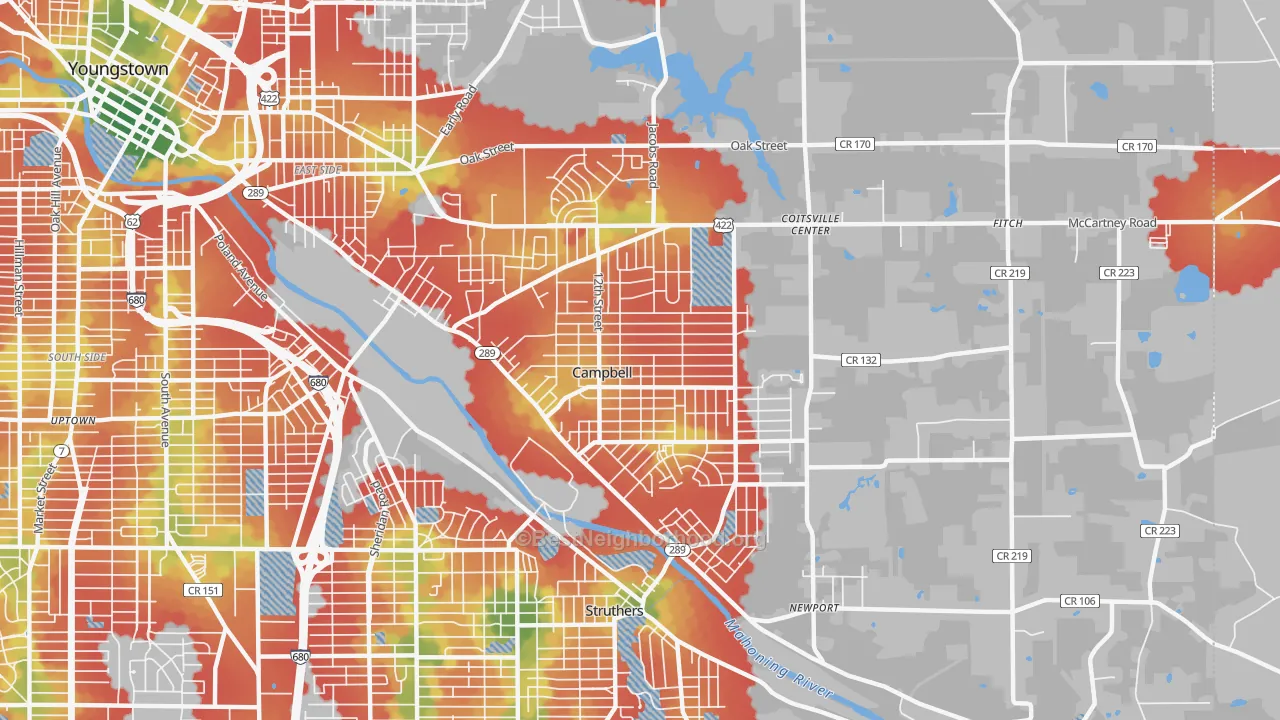 Walk Grade map of Campbell, OH, walkable areas in green and car-dependent areas in red