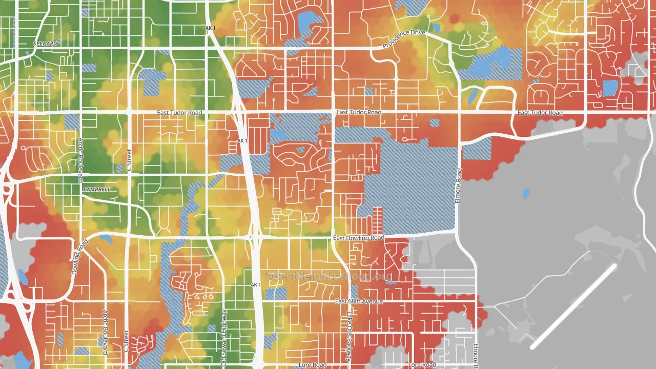 Walk Grade map of Campbell Park, Anchorage, AK, walkable areas in green and car-dependent areas in red
