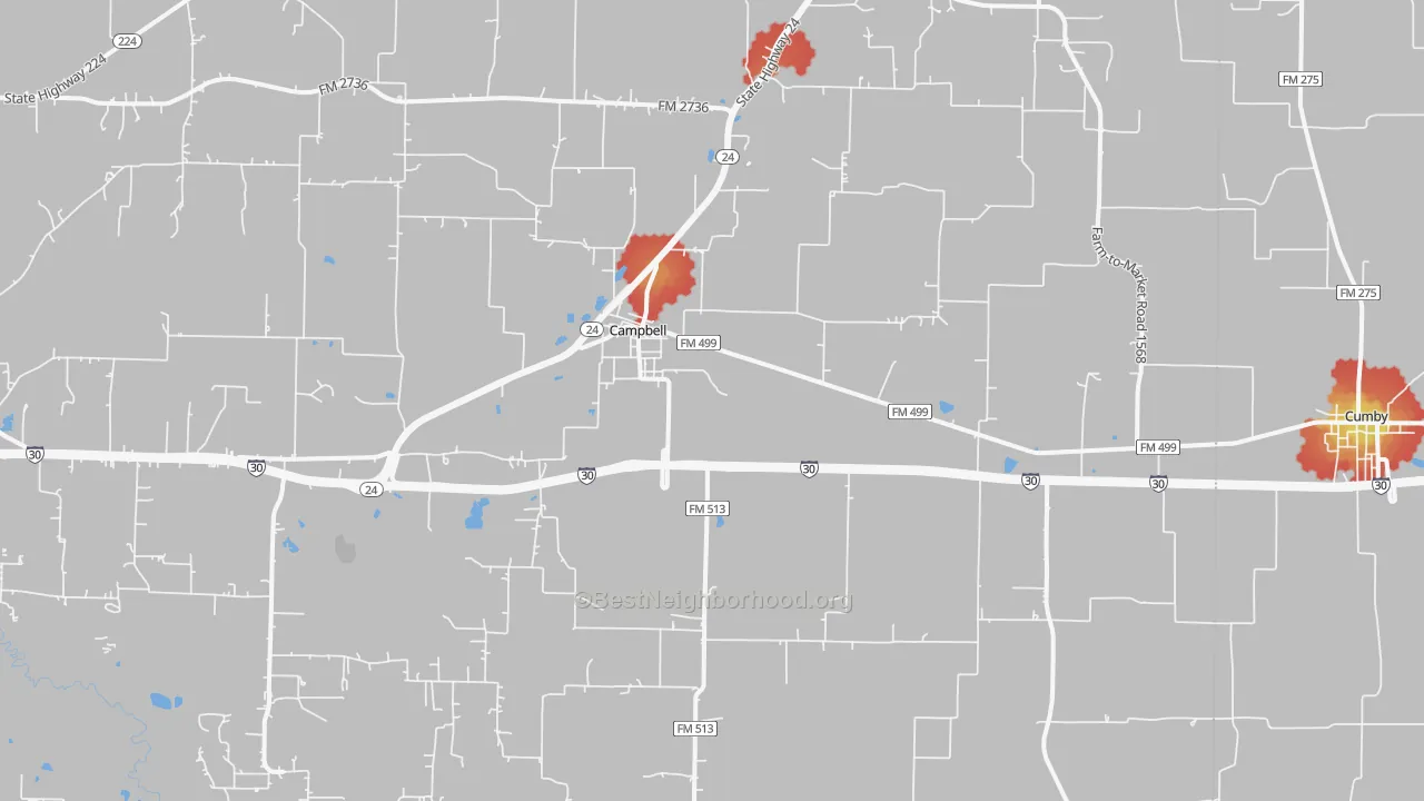 Walk Grade map of Campbell, TX, walkable areas in green and car-dependent areas in red