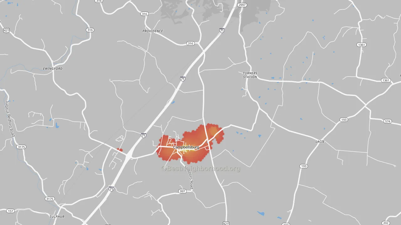 Walk Grade map of Campbellsburg, KY, walkable areas in green and car-dependent areas in red