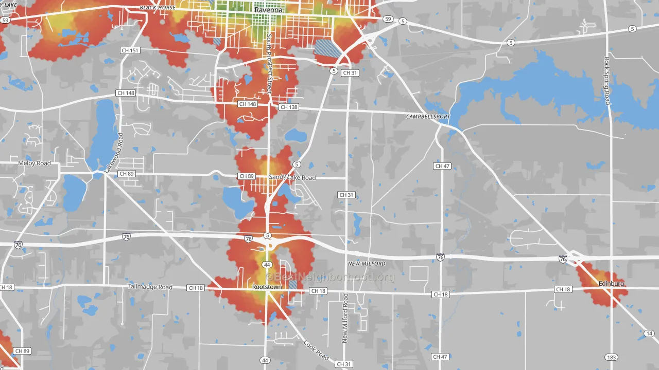 Walk Grade map of Campbellsport, OH, walkable areas in green and car-dependent areas in red