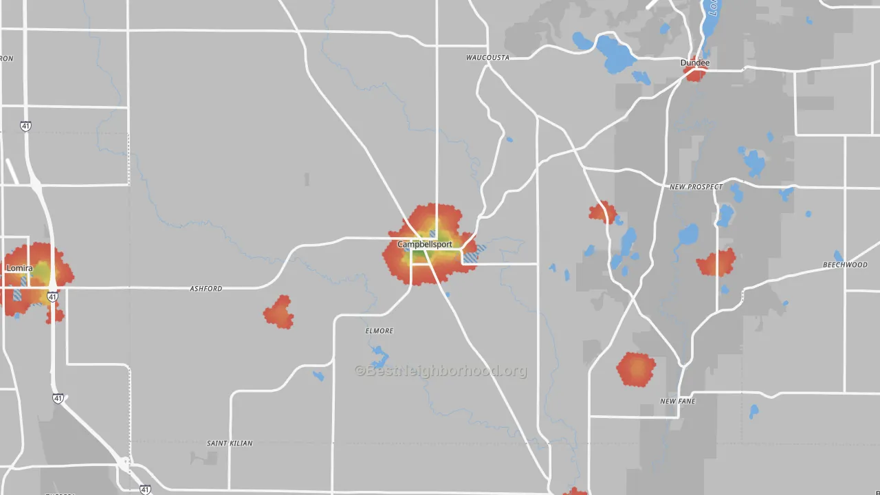 Walk Grade map of Campbellsport, WI, walkable areas in green and car-dependent areas in red