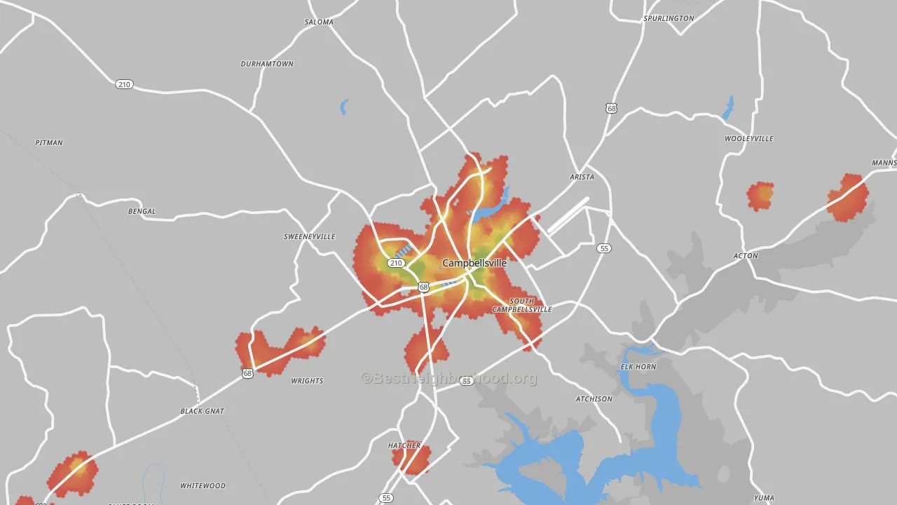 Walk Grade map of Campbellsville, KY, walkable areas in green and car-dependent areas in red