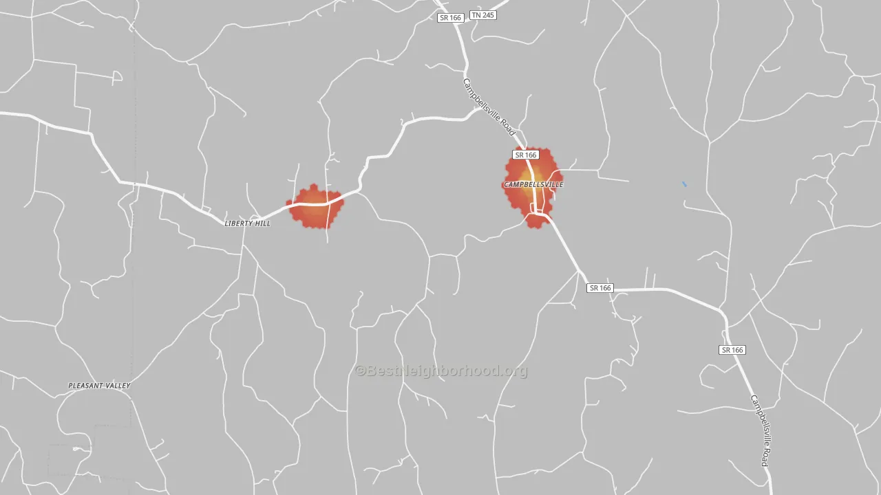 Walk Grade map of Campbellsville, TN, walkable areas in green and car-dependent areas in red
