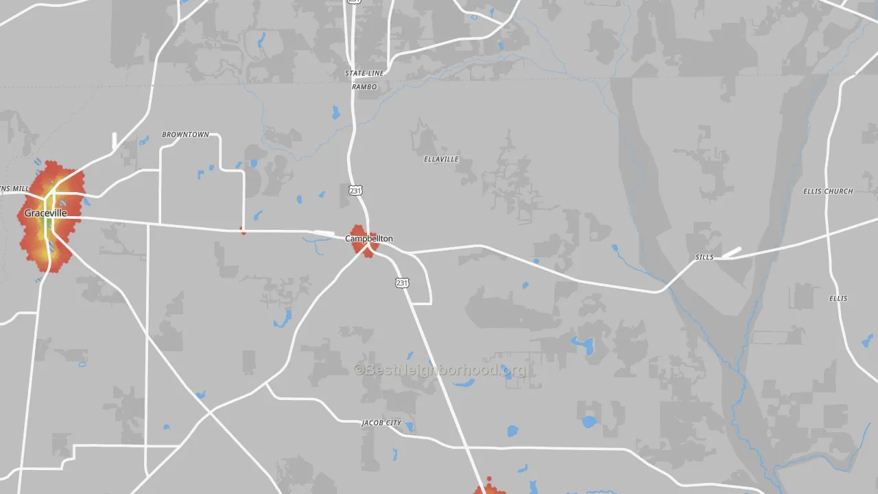 Walk Grade map of Campbellton, FL, walkable areas in green and car-dependent areas in red