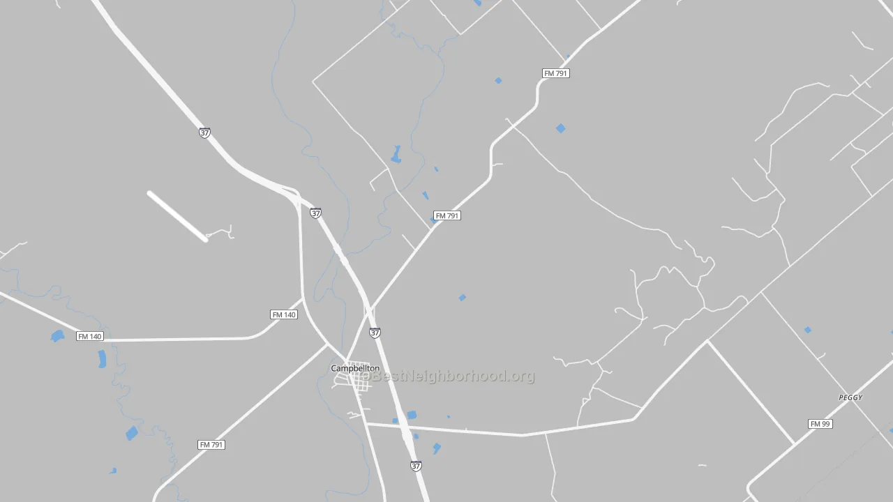 Walk Grade map of Campbellton, TX, walkable areas in green and car-dependent areas in red