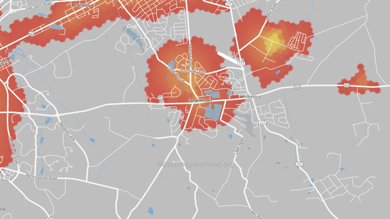 Walk Grade map of Campbelltown, PA, walkable areas in green and car-dependent areas in red