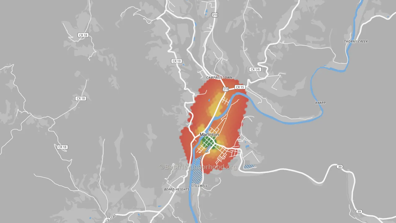 Walk Grade map of Campbelltown, WV, walkable areas in green and car-dependent areas in red