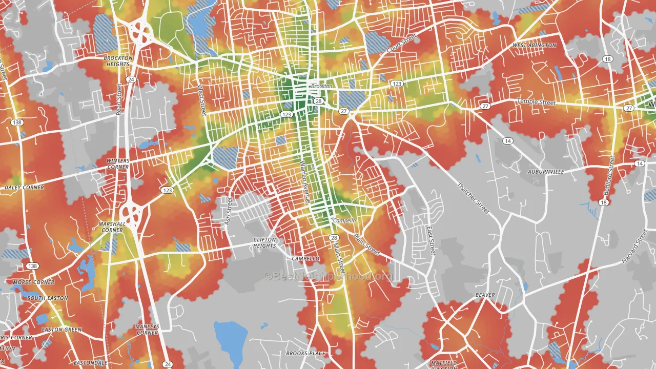 Walk Grade map of Campello, Brockton, MA, walkable areas in green and car-dependent areas in red