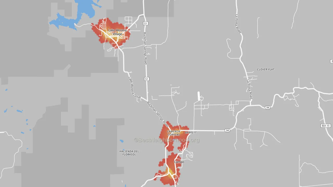Walk Grade map of Campo, CA, walkable areas in green and car-dependent areas in red
