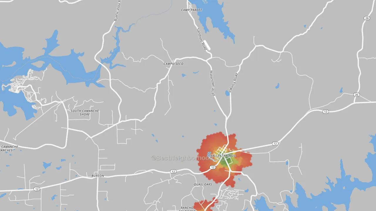Walk Grade map of Campo Seco, CA, walkable areas in green and car-dependent areas in red