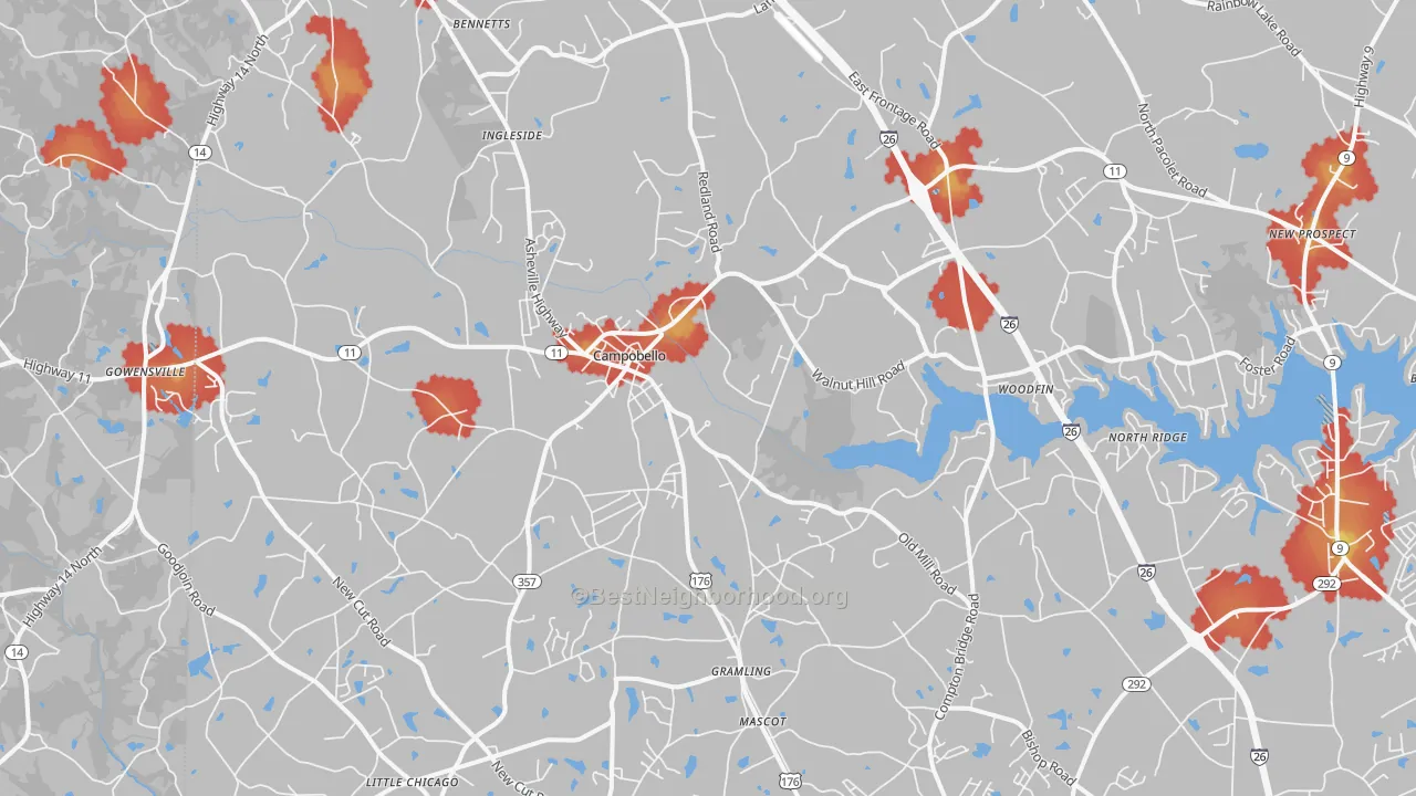 Walk Grade map of Campobello, SC, walkable areas in green and car-dependent areas in red