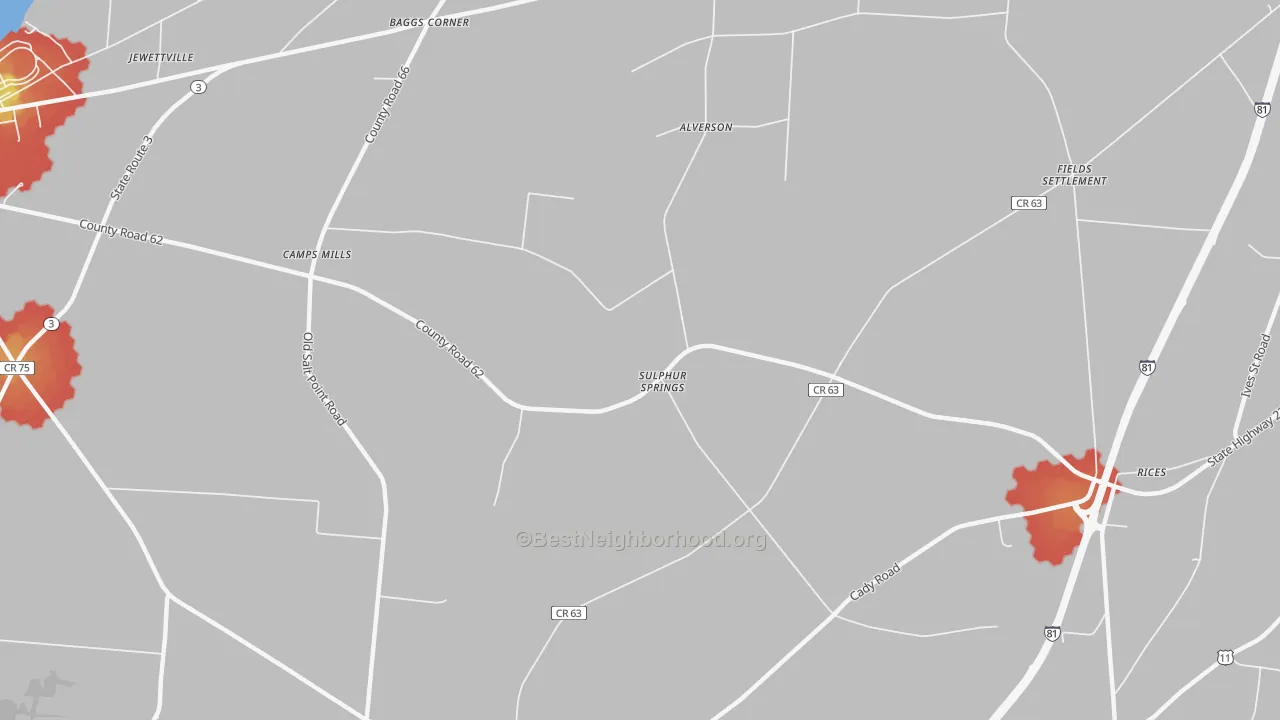 Walk Grade map of Camps Mills, NY, walkable areas in green and car-dependent areas in red