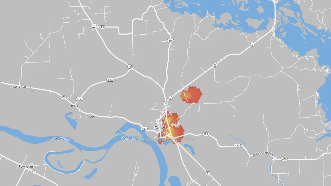 Walk Grade map of Campti, LA, walkable areas in green and car-dependent areas in red