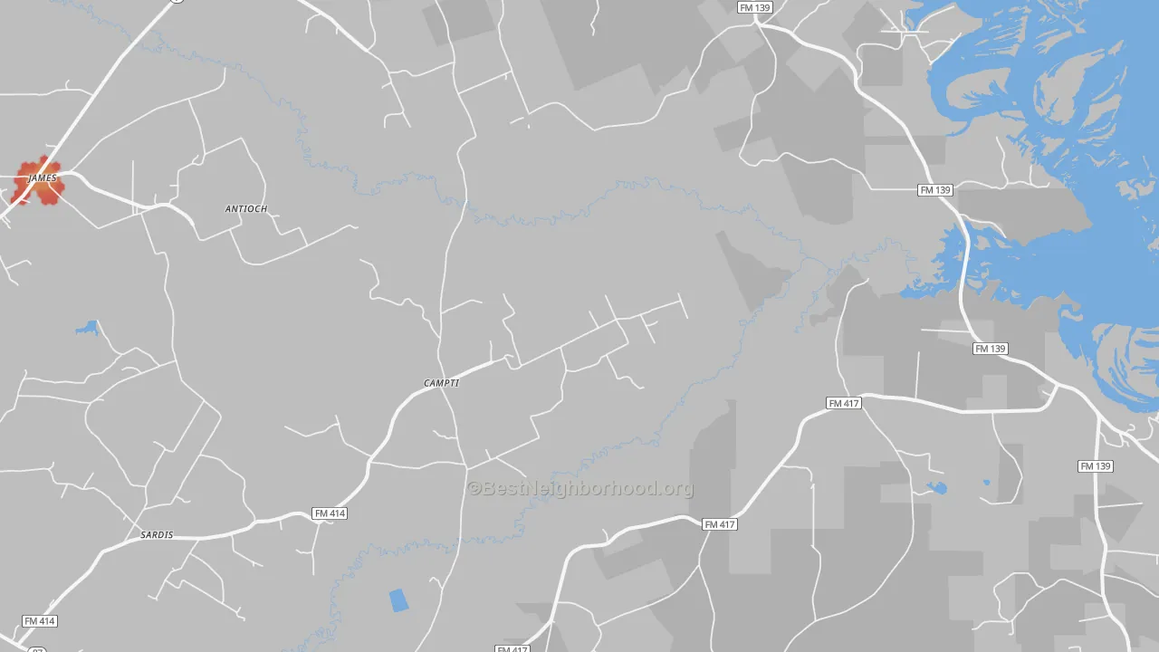 Walk Grade map of Campti, TX, walkable areas in green and car-dependent areas in red