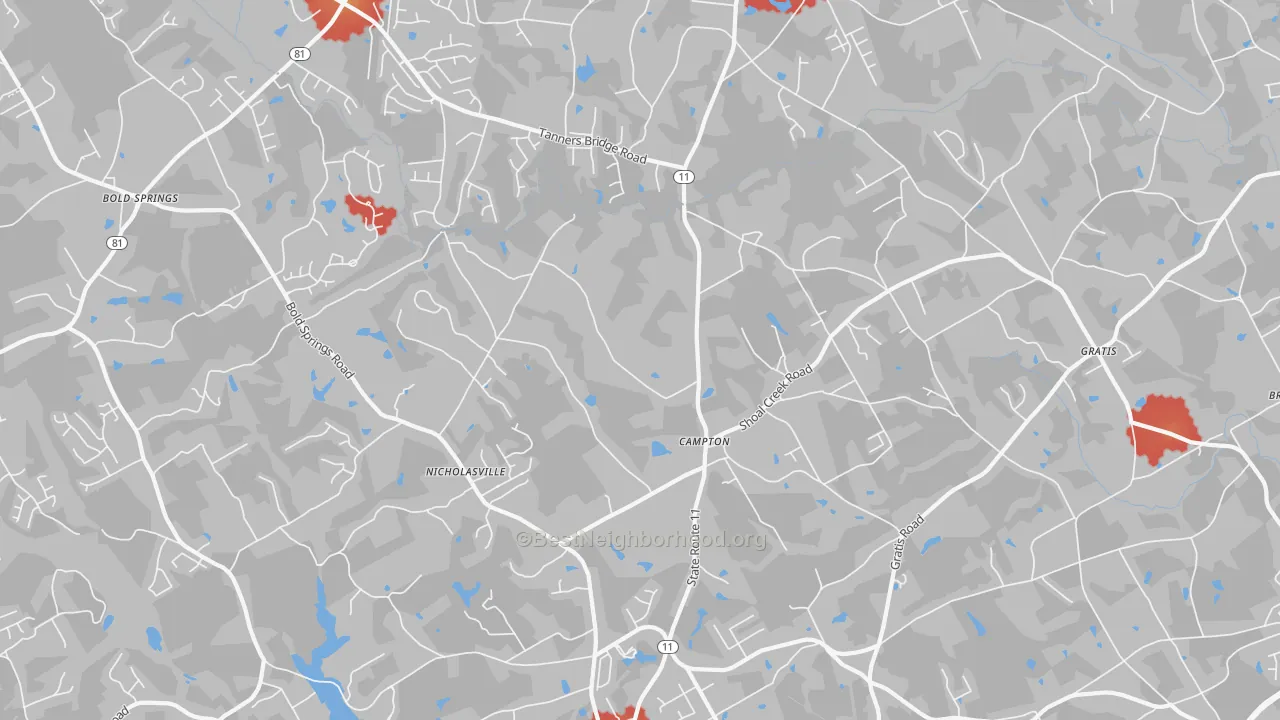 Walk Grade map of Campton, GA, walkable areas in green and car-dependent areas in red