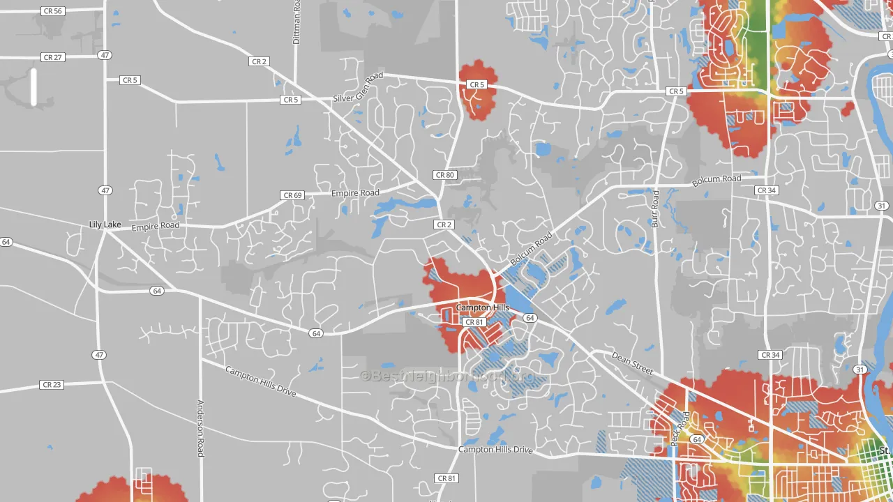 Walk Grade map of Campton Hills, IL, walkable areas in green and car-dependent areas in red