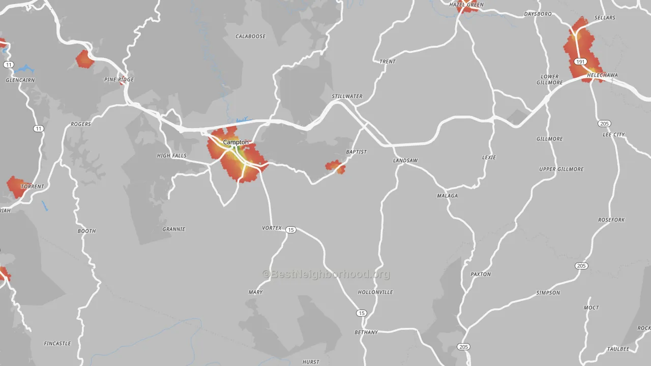 Walk Grade map of Campton, KY, walkable areas in green and car-dependent areas in red